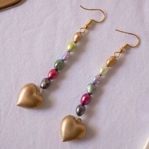 Handmade Rainbow Pearl Gold Heart Earrings
